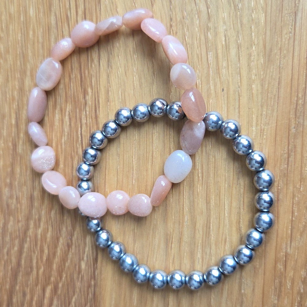 Silver Hematite & Orange Sunstone Bead Stretch Bracelet Set, Hand Crafted - Picture 2 of 13